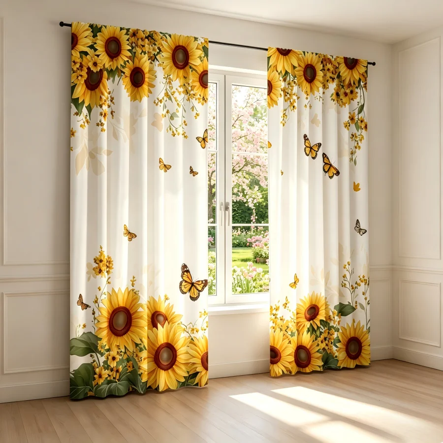 2PCS Digital Print  Curtain, Golden Sunflower Butterfly Dance, Modern Home Decor  Curtain for Bedroom Living Room
