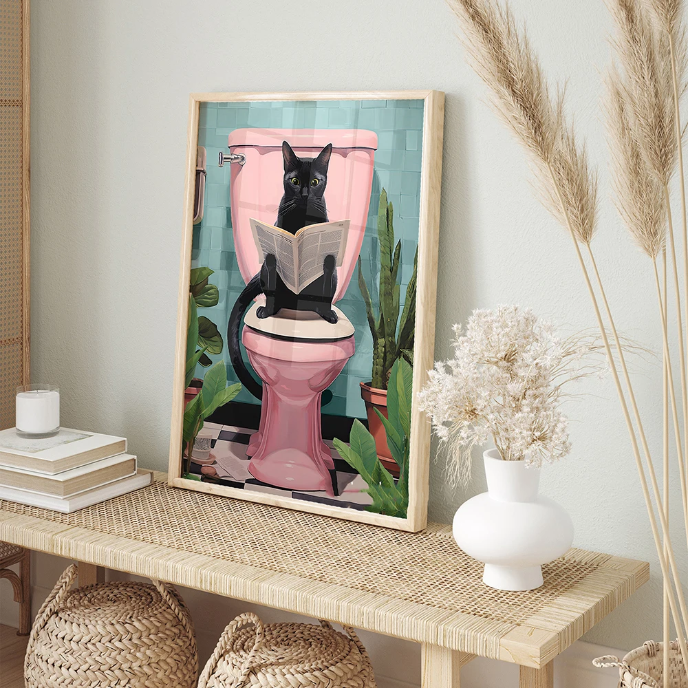 Funny Black Cat Using Toilet Wall Art Cat Reading Newspaper Canvas Posters Prints Pictures Home Batnroom Living Room Decoration