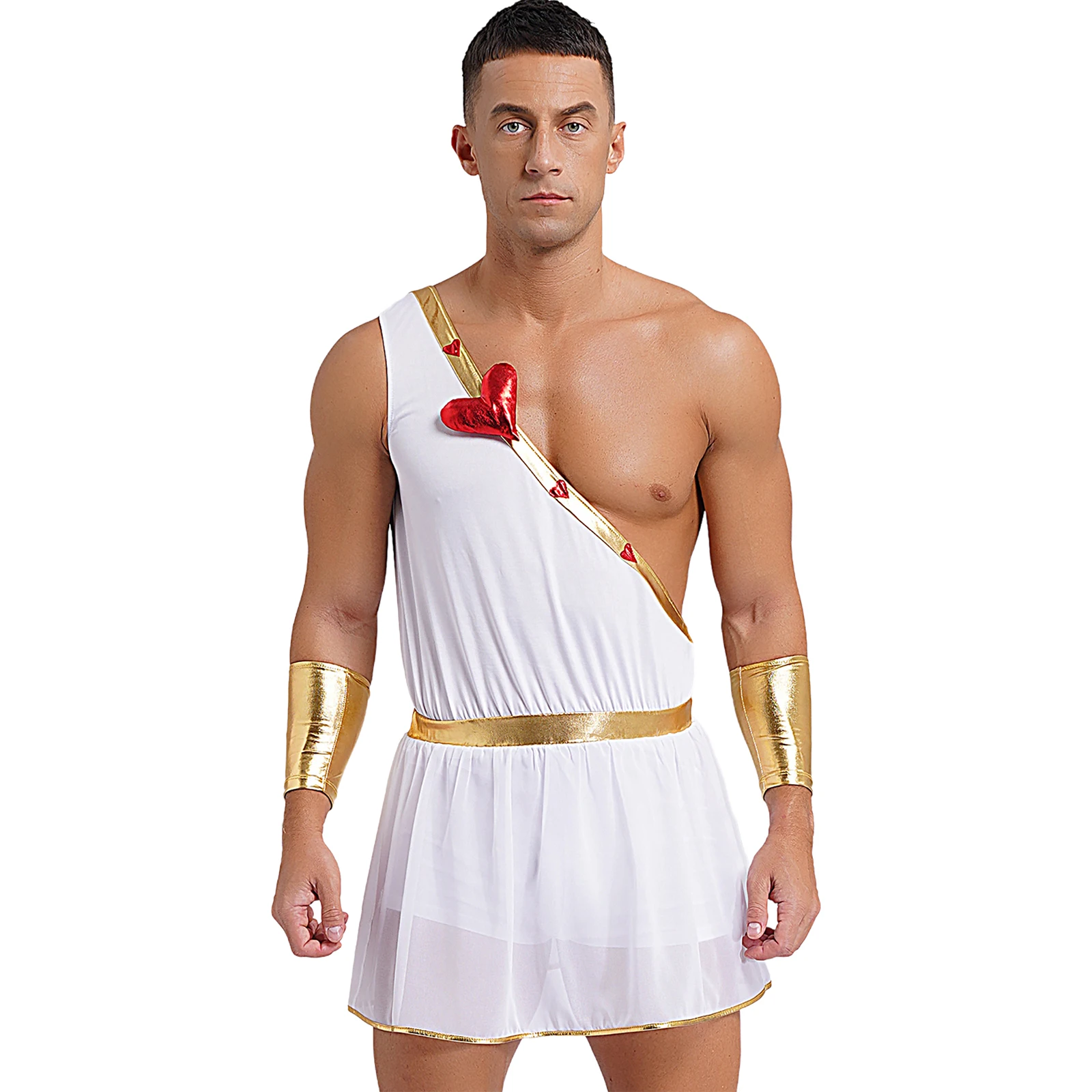 

Sexy Mens Ancient Greek God Armor Toga Jumpsuit Soldier Knight Warrior Cupid Halloween Cosplay Costume Heart One Shoulder Romper