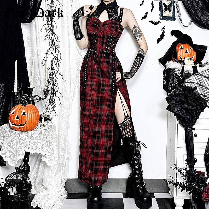 

Goth Dark Plaid Sleeveless Dress Fairy Grunge Lace Patchwork Bandage Dresses Women Cyber Y2K Hem Split Vestido Slim Gothic Cloth