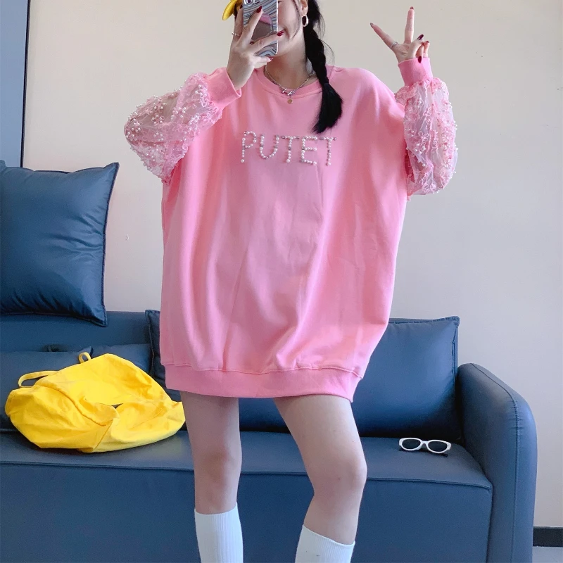 Korean Style Heavy Industry Beaded High-End Mesh Casual Top Spring and Autumn New O-Neck Sweatshirt For Women's Kawaii Hoodies