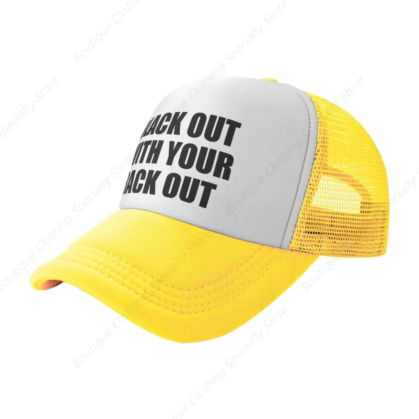 Black Out with Your Rack Out Divertido sombrero de camionero de malla ajustable para adultos Sombreros clásicos unisex Gorras de pesca Amarillo