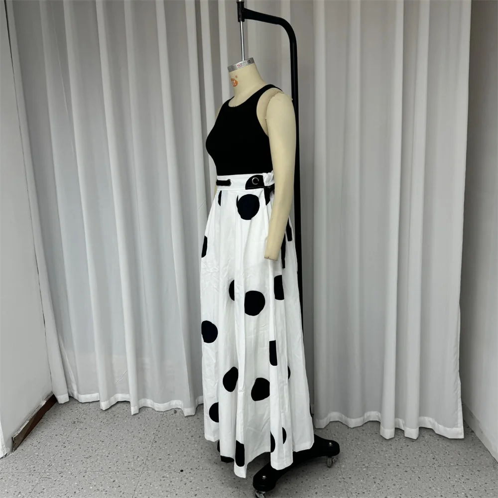 Elegant Women Polka Dot Printed Long Skirt Two Piece Set Summer Office Black O Neck Sleeveless Vest Top A Line Long Skirt Suit