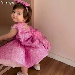 Verngo Pink Shiny Baby Girl Flowers Dress O Neck Short Sleeves Ball Gown Birthday Dress Bow Qute Kids Customized