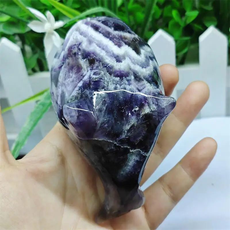 Natural Dream Amethyst Dolphin Carving Healing Stone Energy Gemstone Cute Home Office Decoration Gift 1PCS