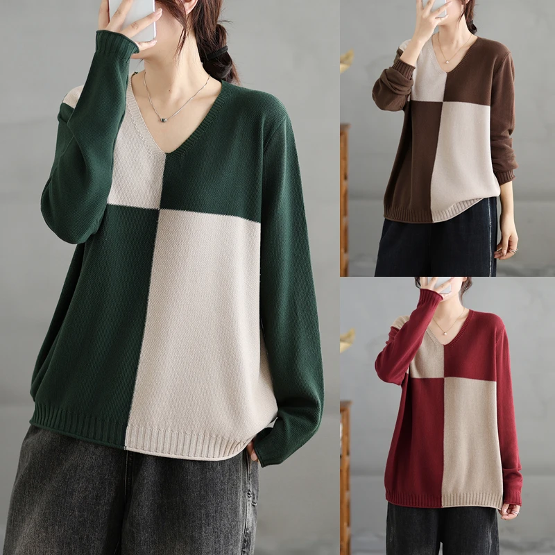 

Retro Faion Color Blo V-Ne Long Sve Knitted Base irt Women's Spring Autumn Loose Versatile Casual Sle Top