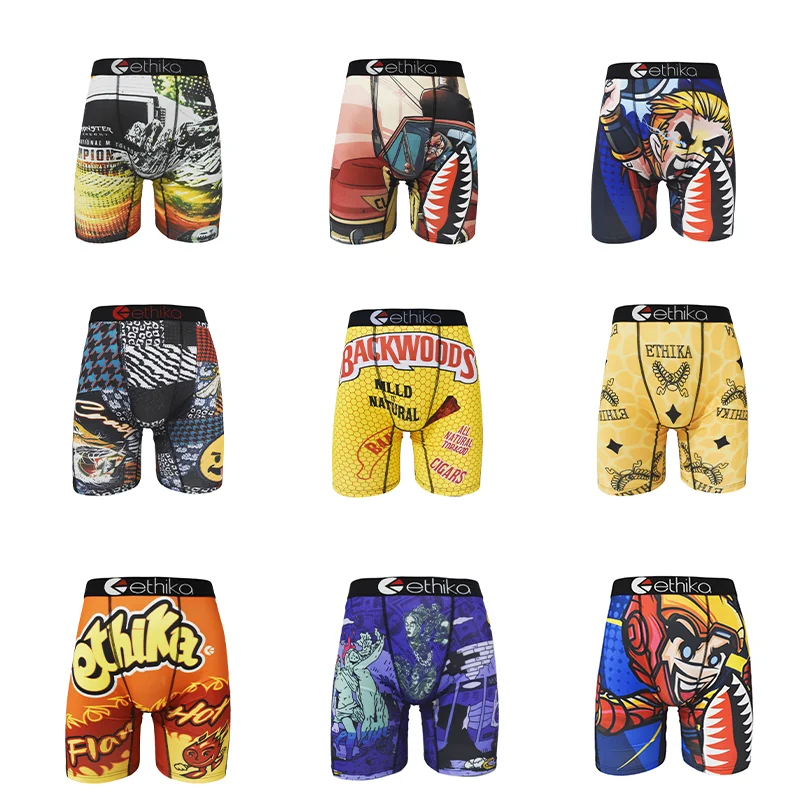 Men's briefs Printed pattern long boxer shorts, breathable and comfortable quick-drying stretch boxers, sweatpants boxers