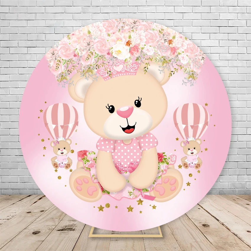 Teddy Bear Round Birthday Backdrop Newborn Baby Shower Hot Air Balloons Circle Cover Photography Background Party Decor Props