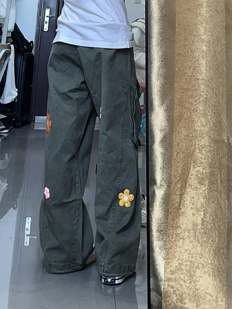 

Свободные прямые брюки в стиле ретро с цветочной вышивкой, женские весенне-осенние широкие длинные брюки в американском стиле