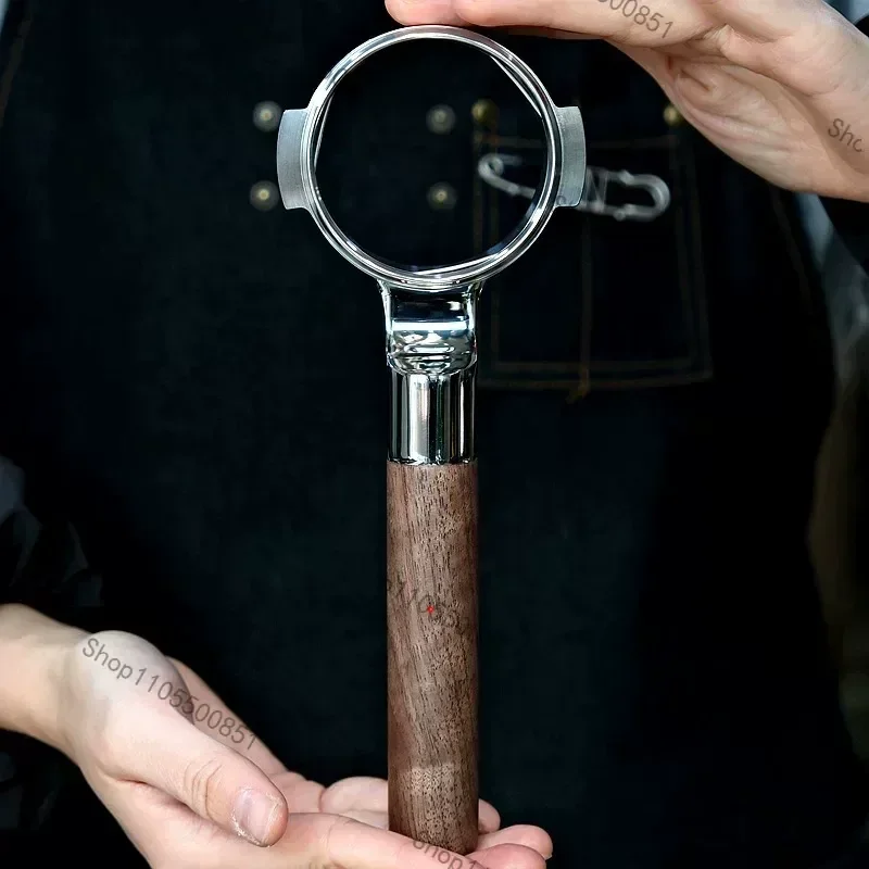 Bottomless Coffee Integrated Portafilter Handle - Suitable for E61 Machines, 316 Stainless Steel with Walnut Wood Accent