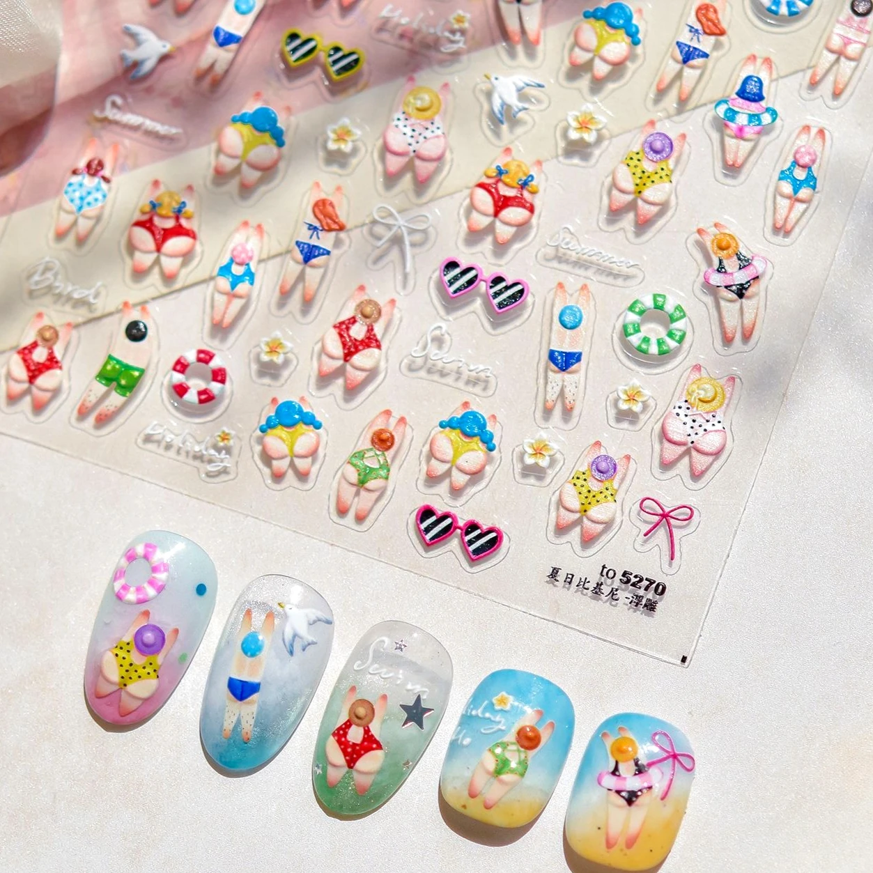 Occhiali da sole bikini Glutei pieni Frangipani Fiore Anello da nuoto Ragazzi e ragazze Bowknot Adesivo autoadesivo per nail art Decalcomania per manicure