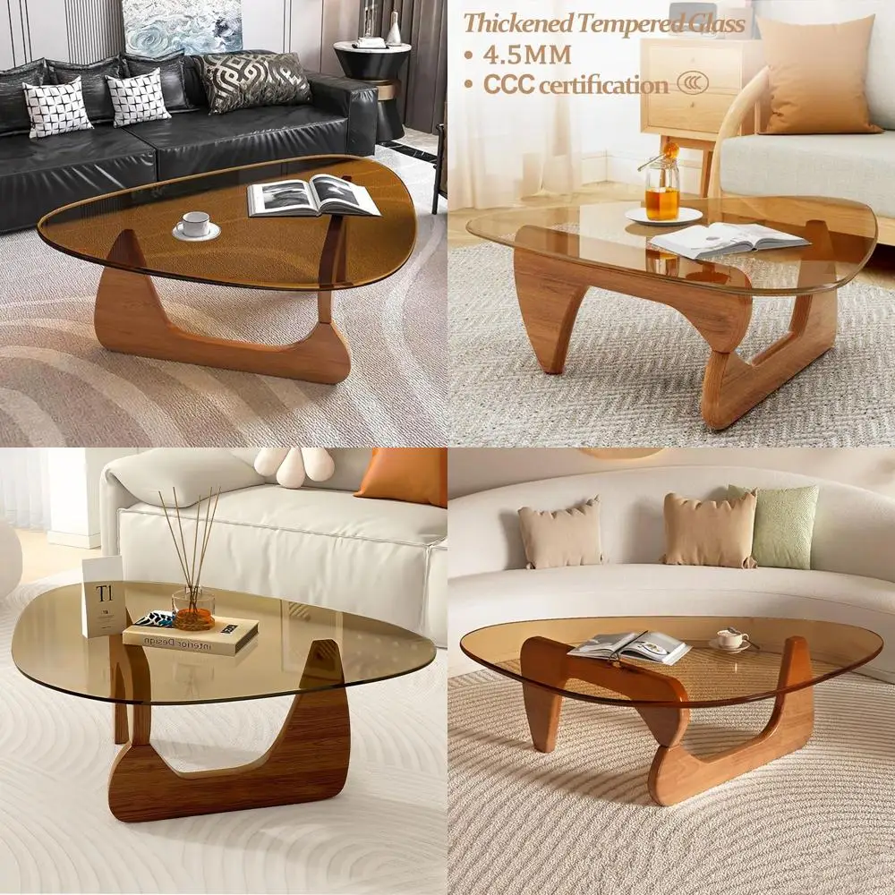 

Mid-Century Modern Coffee Table: Small Tempered Glass Top with Solid Wooden Base, Brown Walnut Accents for Living Room & Office