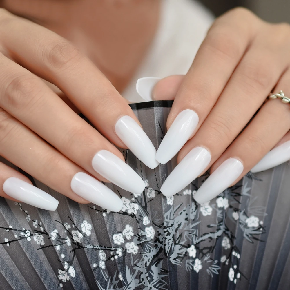 24 pçs branco bailarina unhas falsas extra longo caixão plana imprensa em unhas falsas salão de beleza festa dedo cola em usar falso ongle