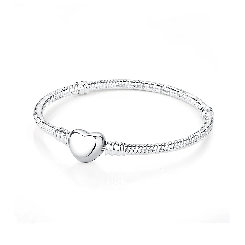 Original 925 Sterling Silver Snake Chain Charm Bracelet Bangle for Women, Rose Gold Plated Love Heart Clip Charms Beads, DIY Custom Stackable Luxury Fashion Jewelry Birthday Valentine Gift Wholesale Dropshipping
