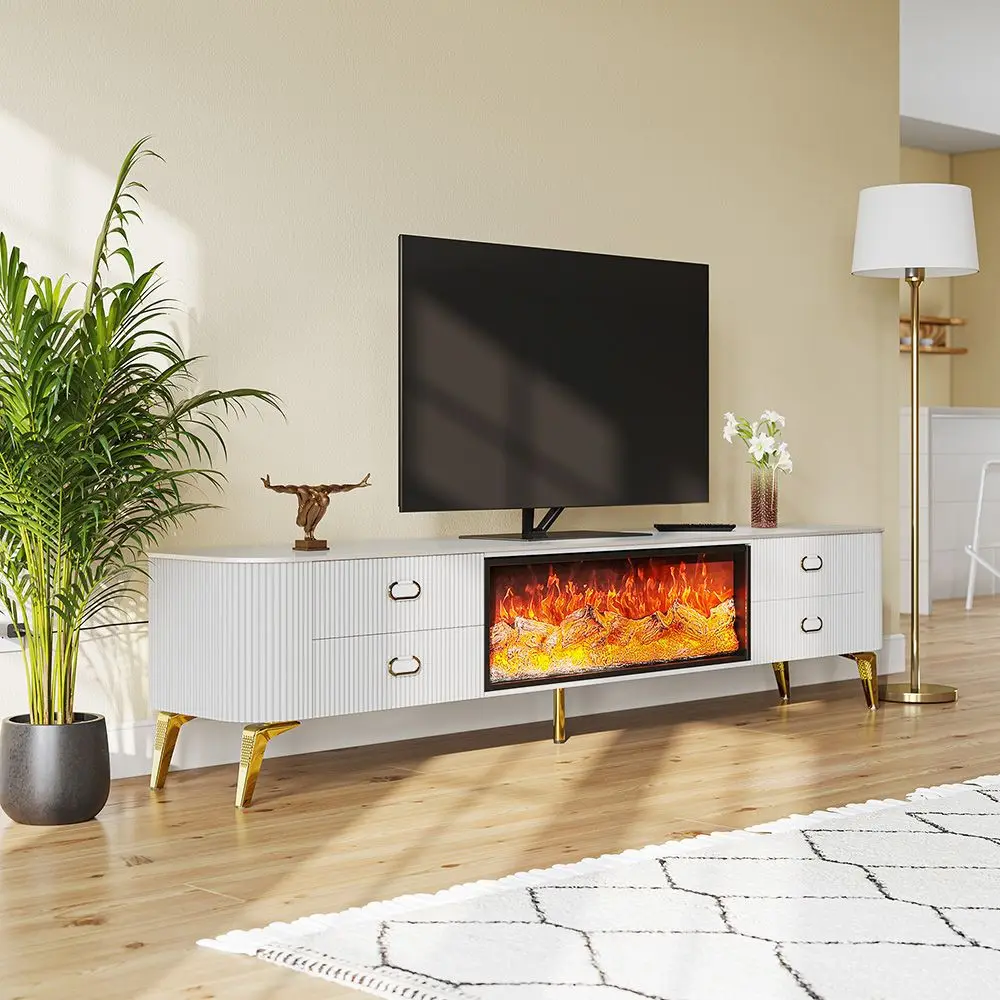 Light luxury white fireplace TV cabinet 3D simulation flame fake fire embedded fireplace decorative floor counter TV display cab