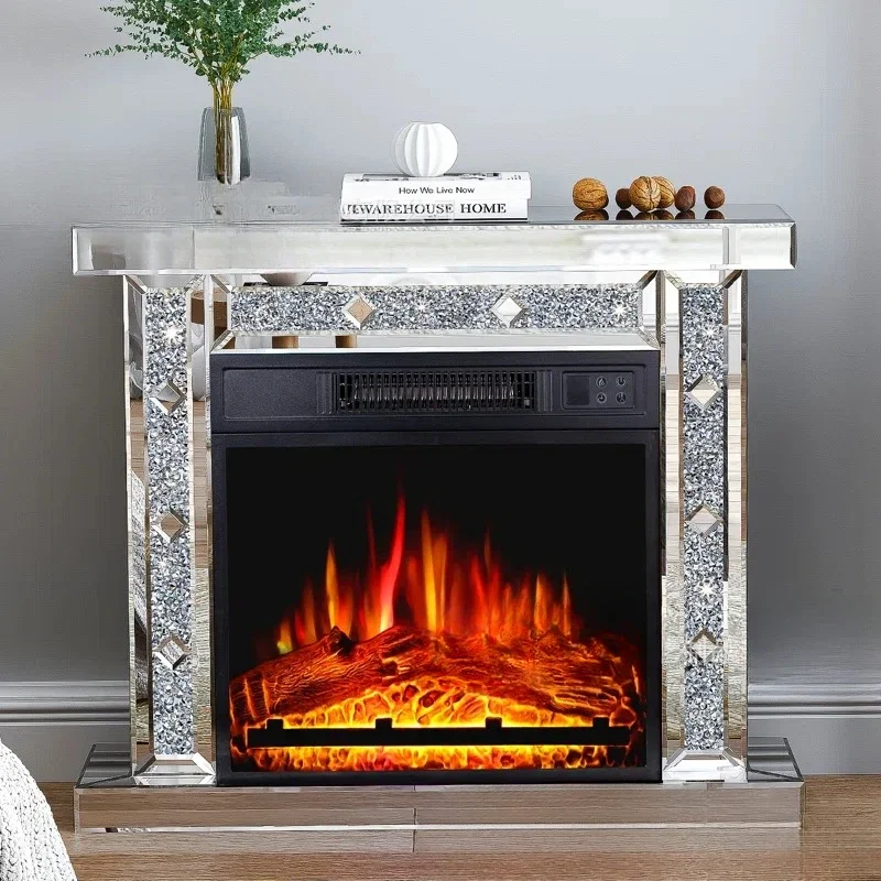 Mirrored furniture, silver electric fireplace with diamond decoration and simulated flame core heating