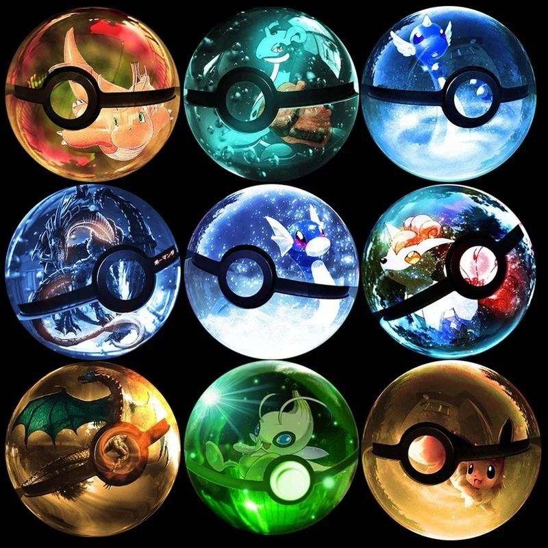 Jouets boule de cristal 3D Pokemon Anime, Pikachu, Eeevee, Mew, Piplup, lumière LED, figurine Pokeball, jouet pour enfants, cadeau anime à collectionner