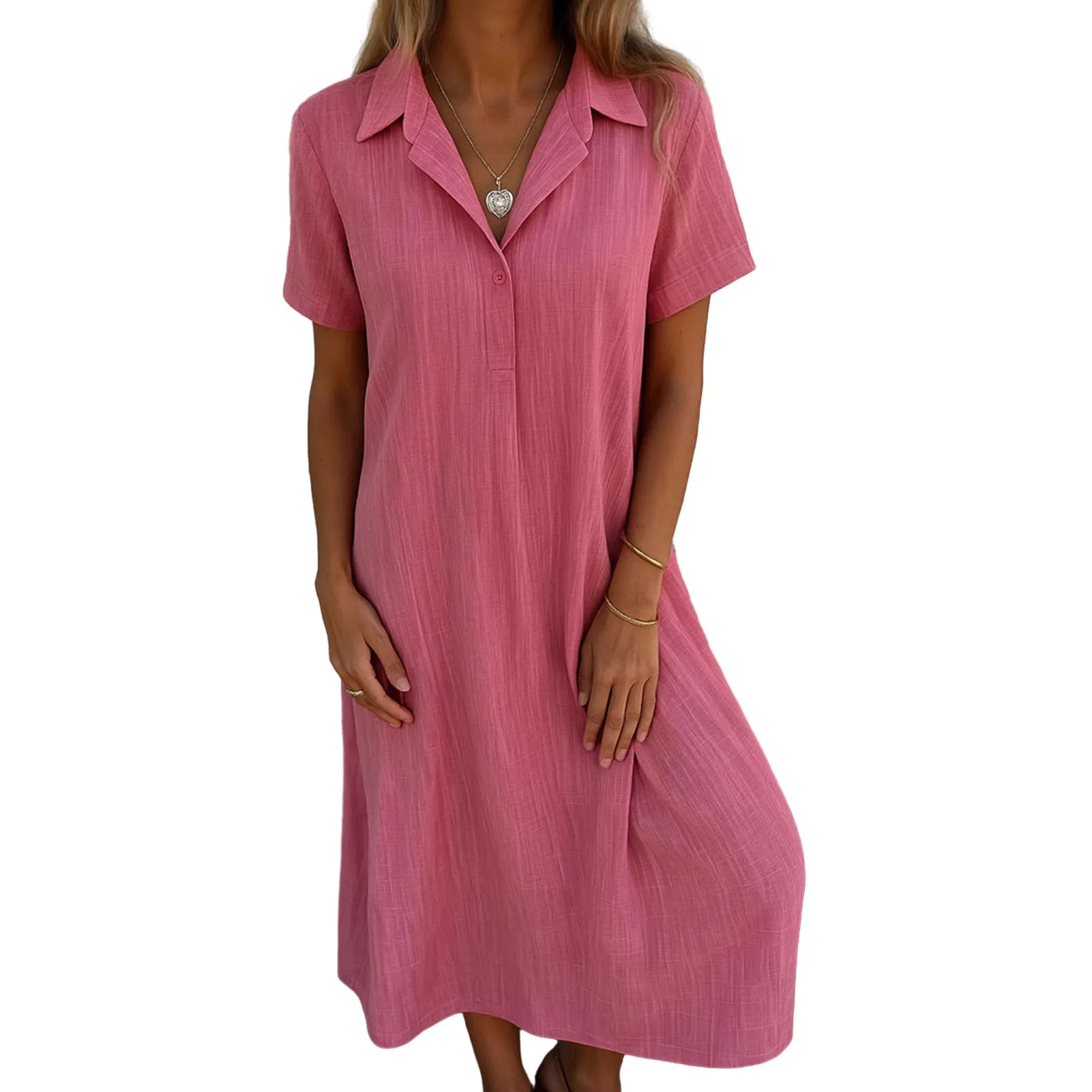 여성용 루즈핏 코튼 린넨 V넥 셔츠, 중간 길이, 원피스 캐주얼, 우아한 롱 드레스, 2024