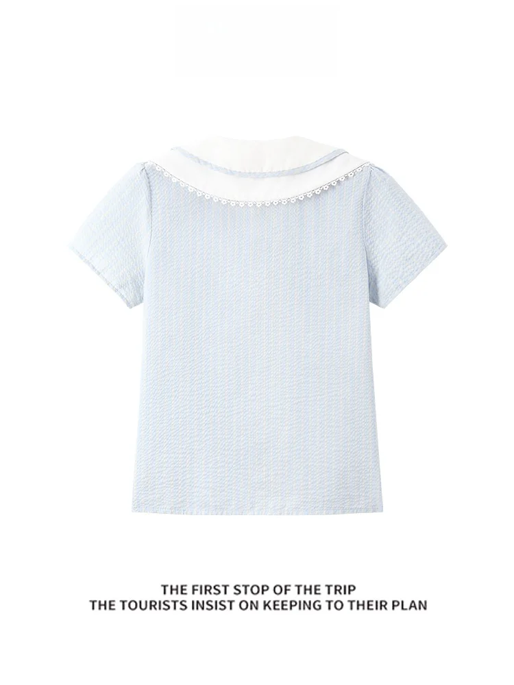 Colletto per bambola a righe blu ort Sve irt Faion da donna Estate 2025 Simpatico top giapponese Sle Cact Size