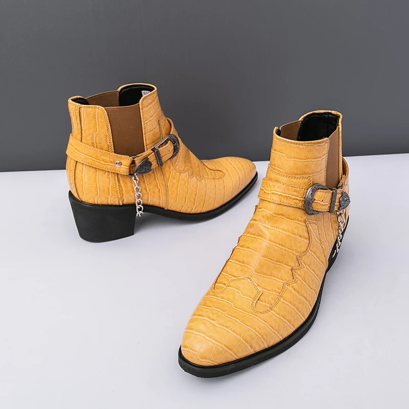 

Fashion Chain High Heel Ankle Boots Men Yellow Buckle Design Men's Chelsea Boots Pointed Toe Leather Boots For Man Dress Boots