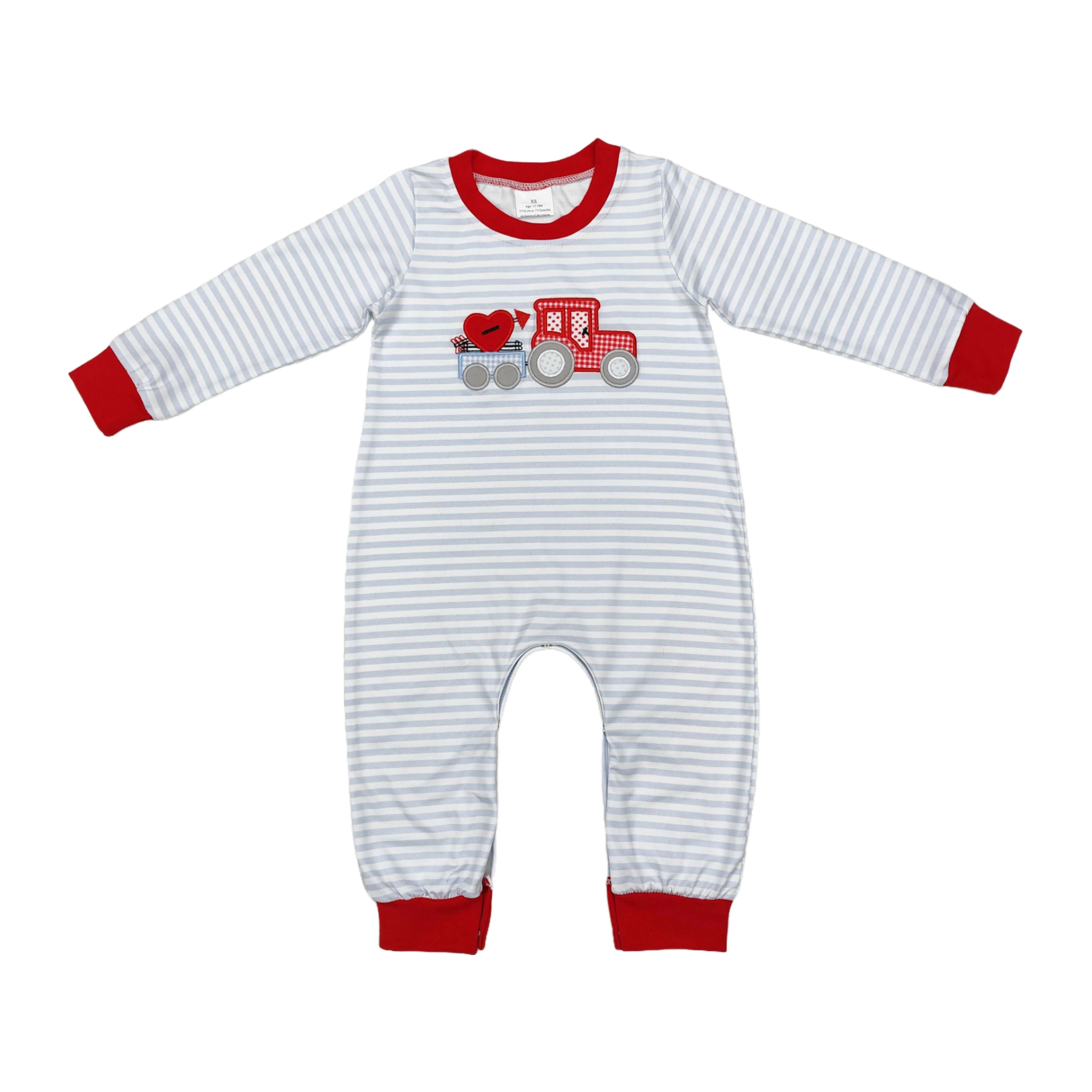 Children Baby Boy Valentine Romper Long Sleeves Toddler Embroidery Heart Truck Kids Infant Newborn Coverall Bodysuit Wholesale
