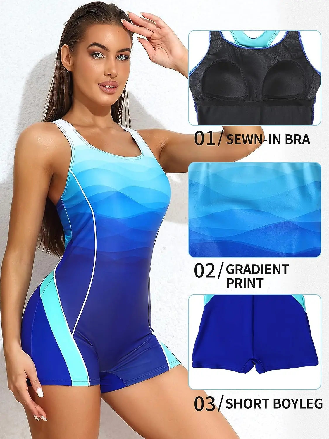 Anfilia Women Sports One Piece Swimsuits Athletic Professional Training Gradient Color Bathing Suit Boyleg Stretchy Swimwear