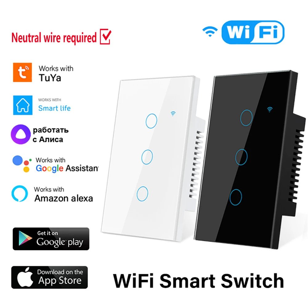 Tuya US EU WiFi Smart Wall Switch Neutral Wire Required 1/2/3/4 Gang Smart Touch Switch, Smart Life APP Alexa Google Home Alice