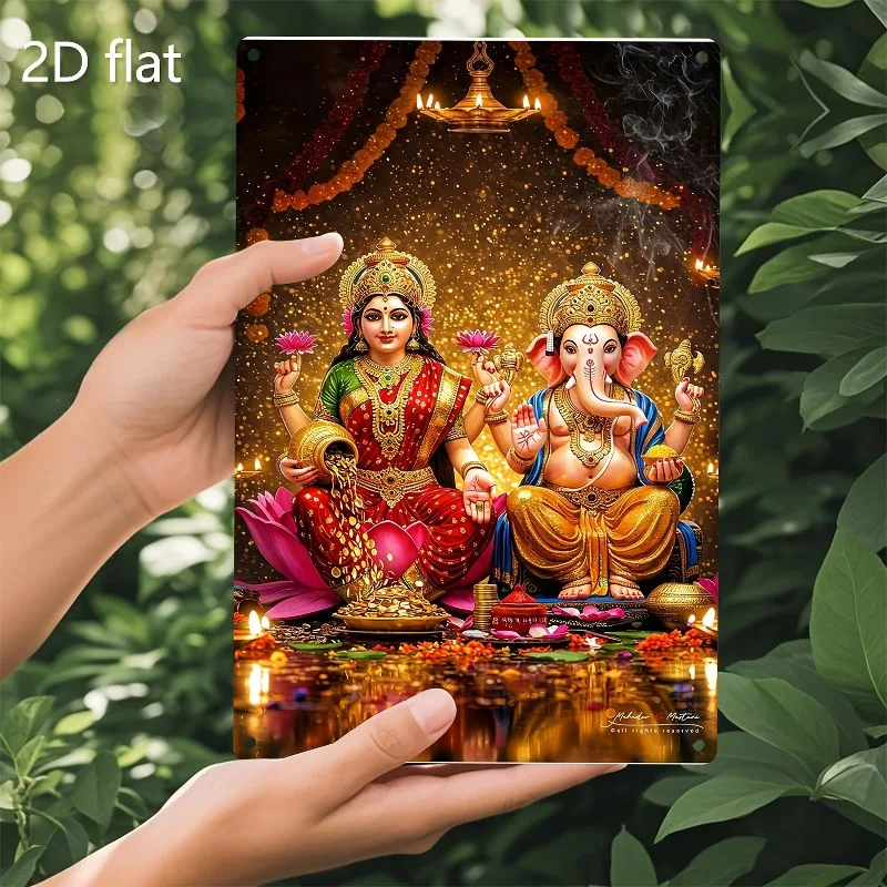 Indian Ganesha and Lakshmi Aluminum Metal Plaque with Pre Drilled Holes, Decorated with Indian and Believer Spirit, 2D Flat