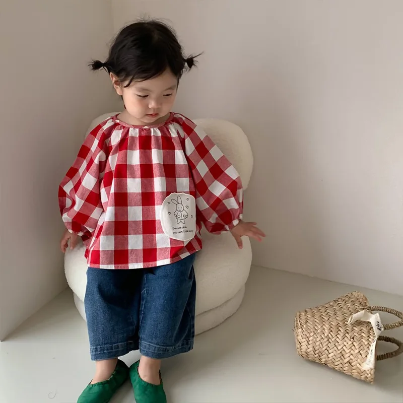 Spring & Autumn Children Cotton Checked Doll Shirt Korean Kids Clothes Shirt Baby Red Black Rabbit Pattern Cute Girls Blouse