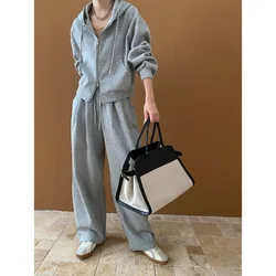 Relaxed Double Zipper Hooded Sweatshirt Wide Leg Casual Pants Sports Two Piece Set