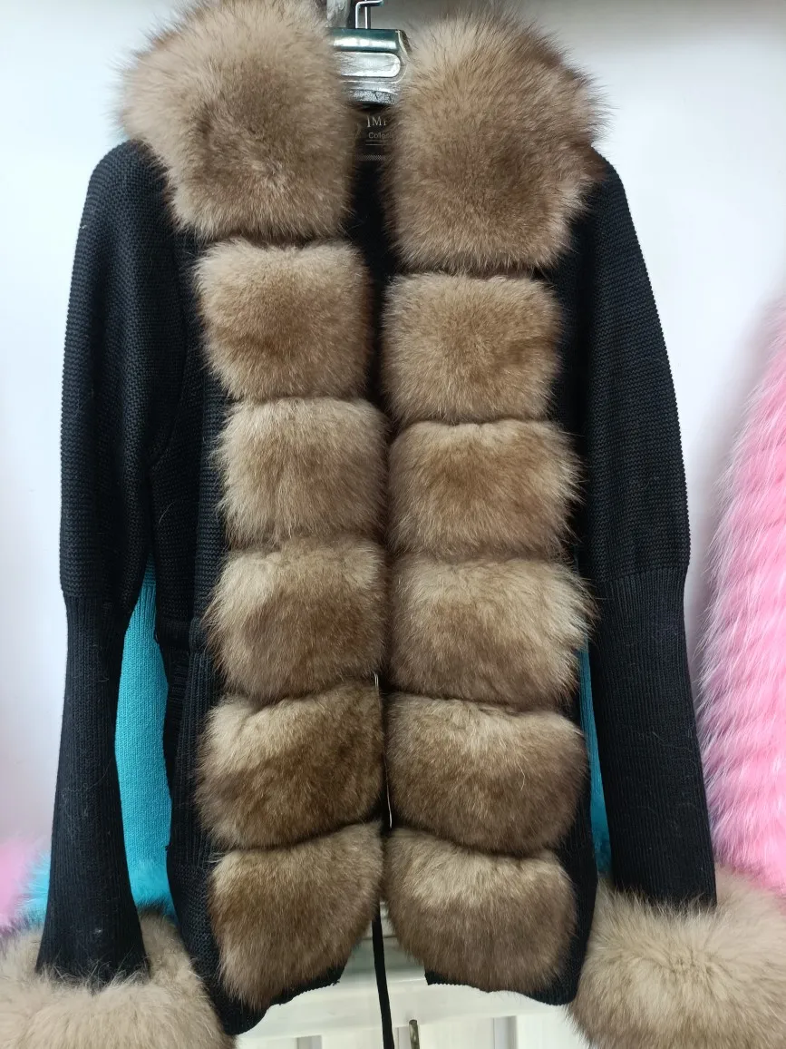 Autunno inverno donna maglione lavorato a maglia Cardigan con collo in vera pelliccia di volpe Trim Lady Fashion maglieria vera pelliccia di volpe