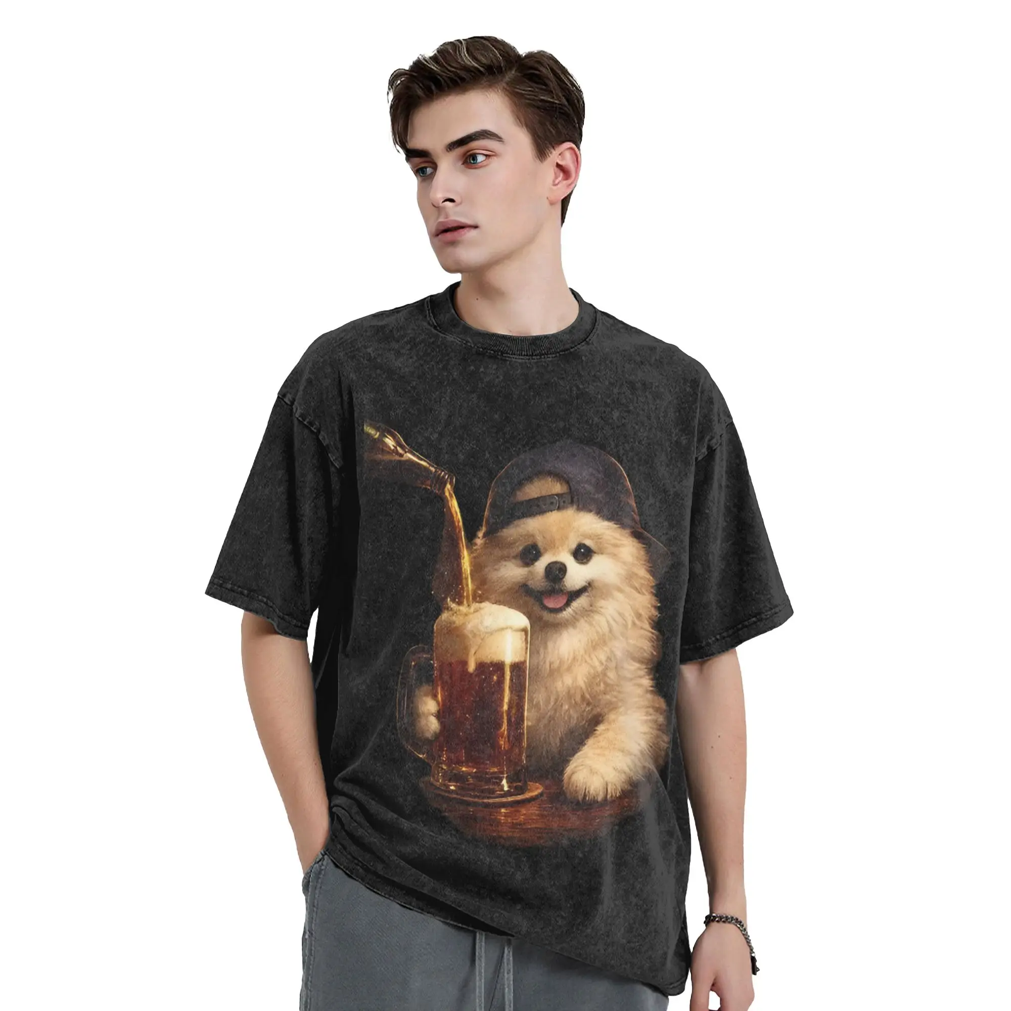 Washed T Shirt Pomeranian Drinking Beer MEME Hip Hop T-Shirts High Street  Streetwear Short Sleeve Graphic Tops Tees Men Women