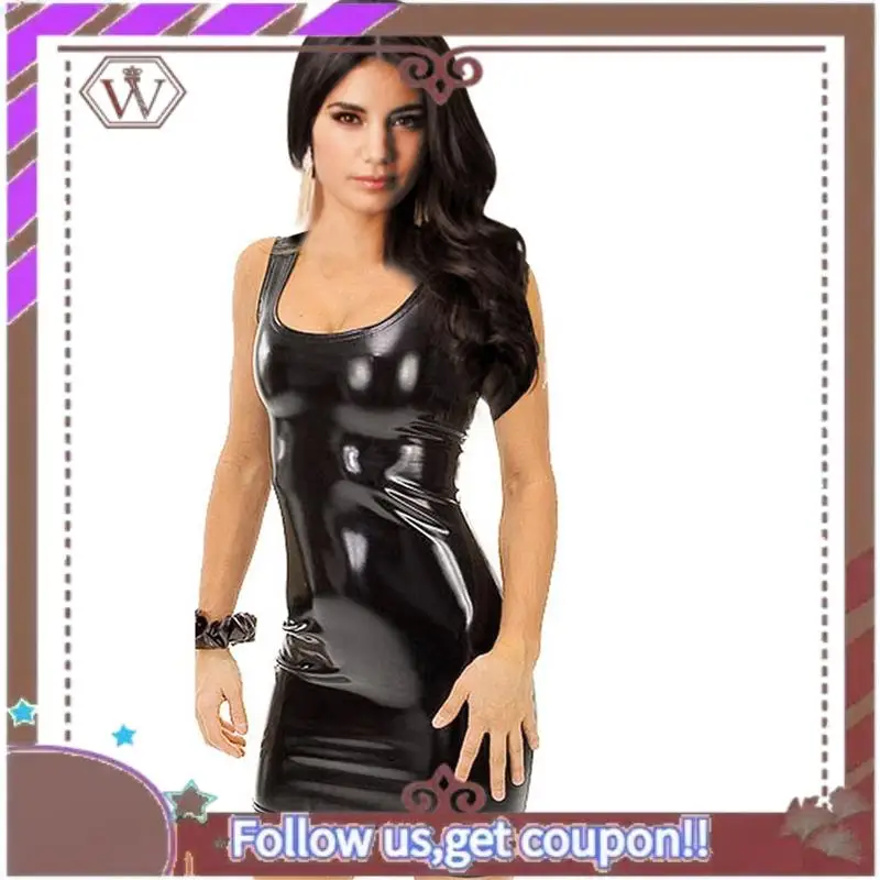 (Novo)-2X Minivestido feminino metálico de couro sintético preto