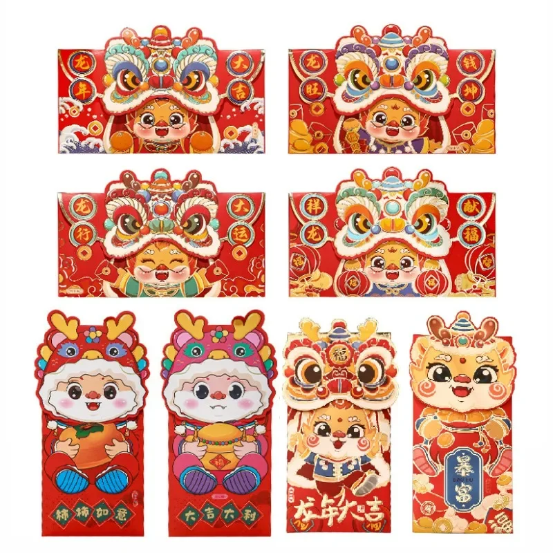 8PCS Chinese New Year Red Envelope Cartoon Dragon Cash Envelope Spring Festival Blessing Bag Lucky Money Bag New Year Supplies