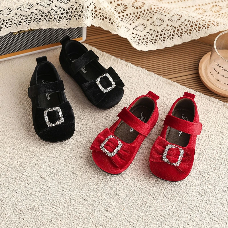 2026Spring New Bow Girl Leather Shoes Comfort Anti Slip Kids Flat Casual Shoe Retro Versatile Water Diamond Girls Princess Shoes