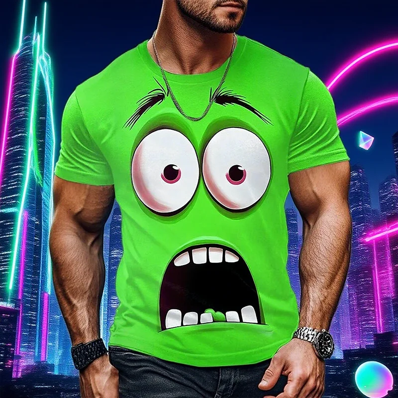 Funny And Exaggerated Cartoon Expressions Print T-shirt Men Clothes Hip Hop Personality Party Fun Short Sleeve T Shirts Y2k Tee