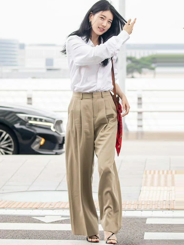 Fashionable Loose Long Sleeve Women's Khaki Pants Set Charming White Shirt Quality Polyester Cotton Blend Spring Collection