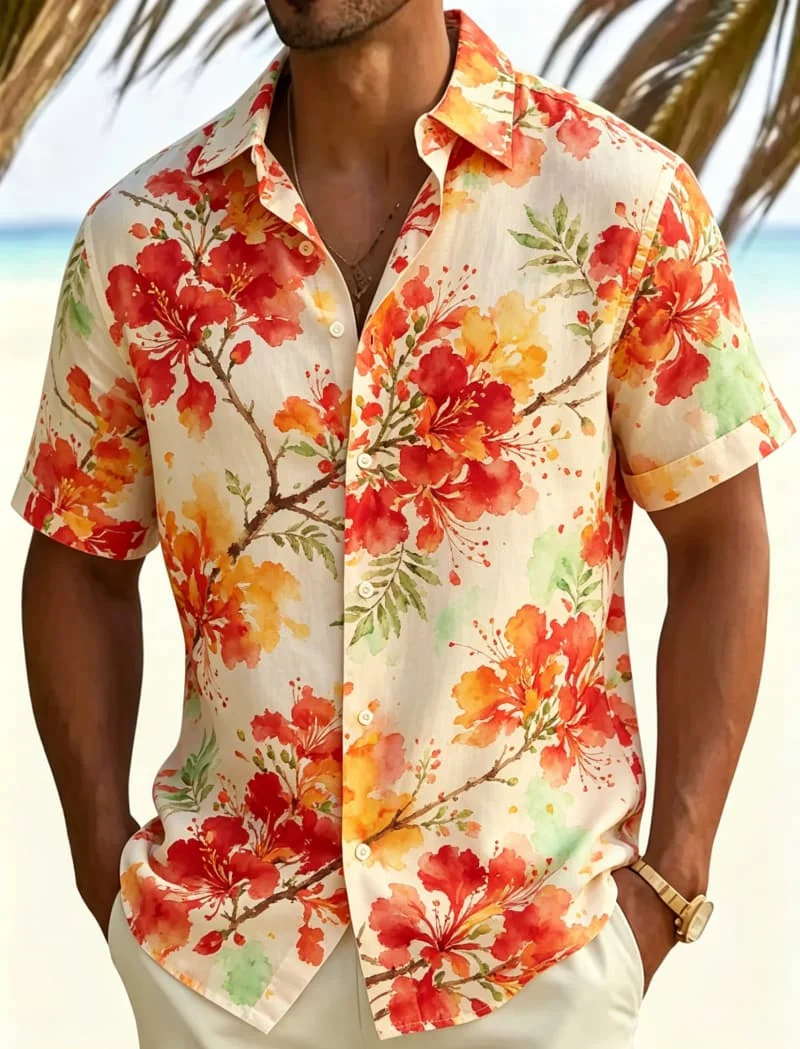 Herren-Hawaiihemd mit tropischem Blumenmuster im Aquarell-Stil, geeignet für Sommerurlaub, Strandpartys und tägliche Ausflüge.