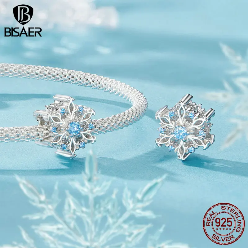 BISAER 925 Sterling Silver Winter Snowflake Charm Bead Bule Ice Flower Pendant Fit Women Girls DIY Bracelet Fine Jewelry Gift