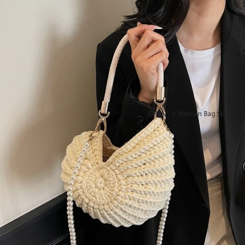 

Creative Conch Shaped Crochet Women Shoulde Bags Funny Cute Pearls Chains Handmade Weave Crossbody Bag Novelty Small Handbags