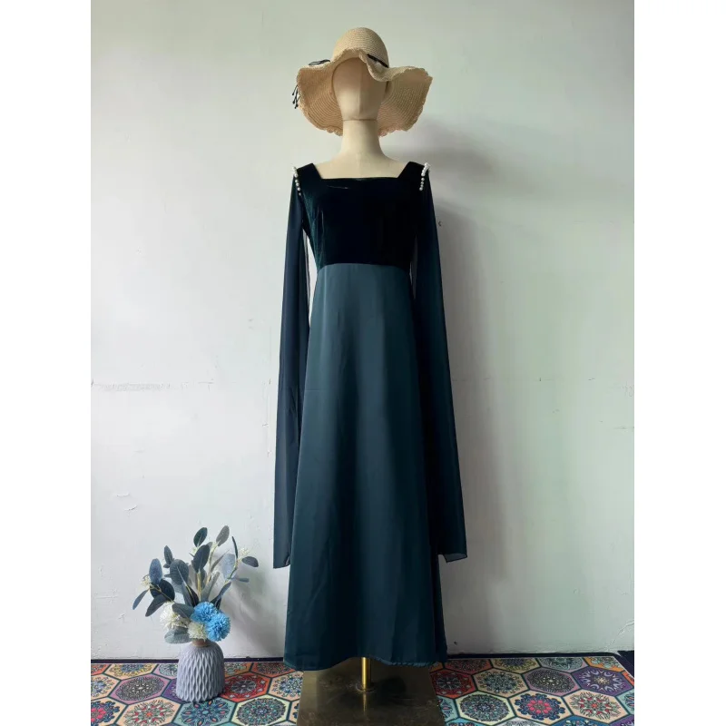 2025New Year's New Satin Splicing Elegant Large Swing Sleeve Pearl Long Slim Dress