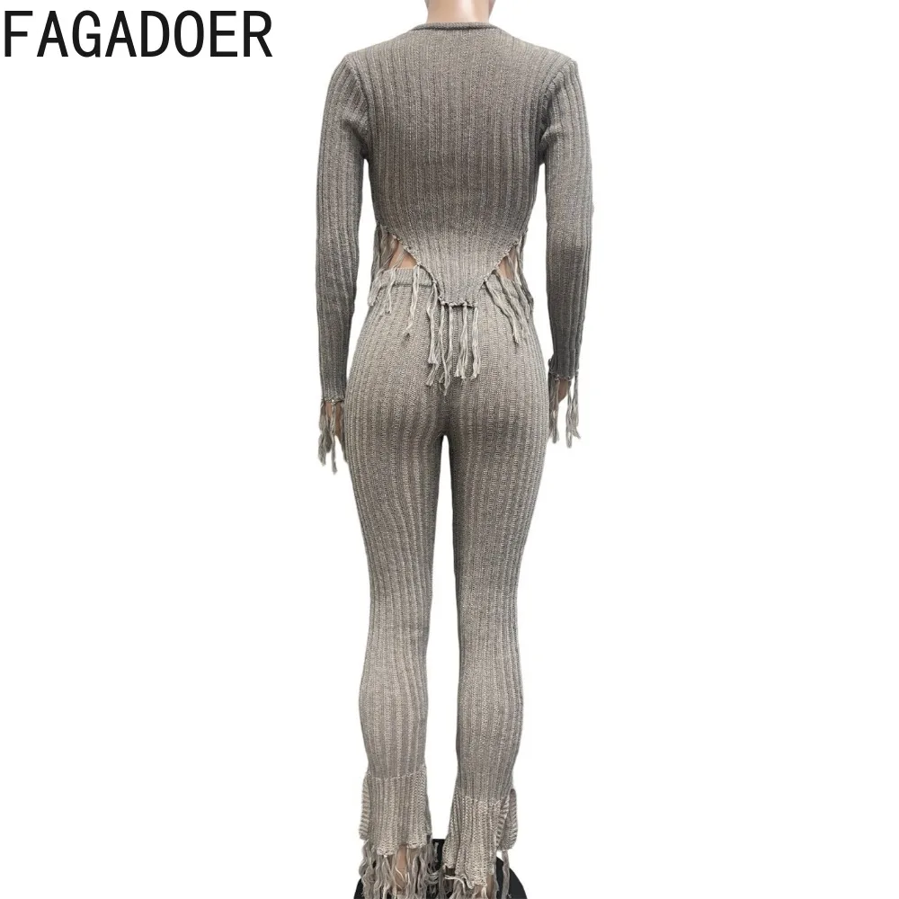 FAGADOER Y2k Sexy Knit Tassel Patchwork Woman 2 Piece Set Outfit Solid Color Long Sleeve Top + Pants Matching Female Streetwear