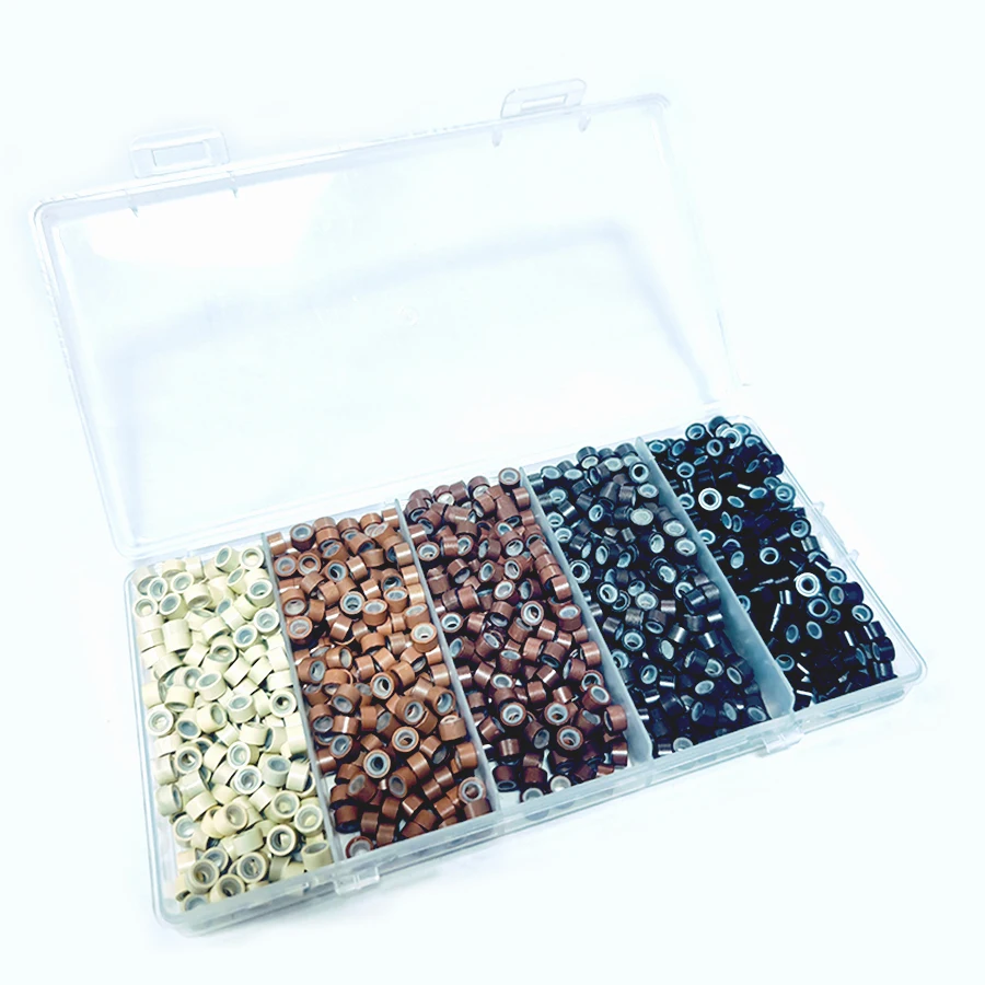 1000 Pcs Micro Silicone Rings Hair Extensions Beads Set 5 Colors 200 Each Grid for Women Hair Feather Extensions Tool