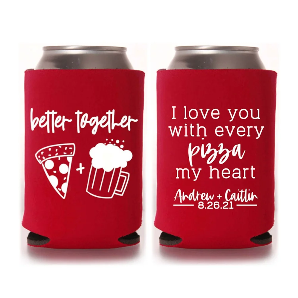 Pizza Wedding Favors, Custom Personalized Wedding Can Coolers, Reception Favors, Stubby Holders, Spring, Summer, Fall Wedding,