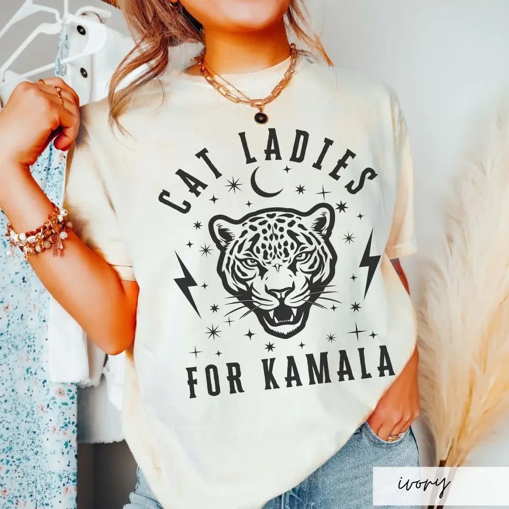 Cat Ladies for Kamala Shirt Celestial Jaguar Lightning Bolts Kamala Harris Election TShirt 100%Cotton Shirt For Unisex Y2K Tee