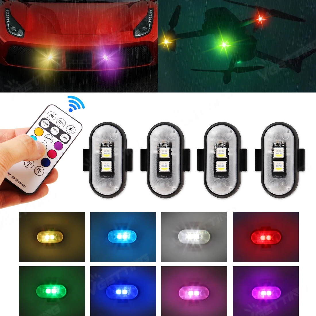4Pcs Mini Drone Strobe Light 8 Color USB Charing LED Wireless Warning Light Anti-Collision Signal Lamp For Motorcycle Truck Bike