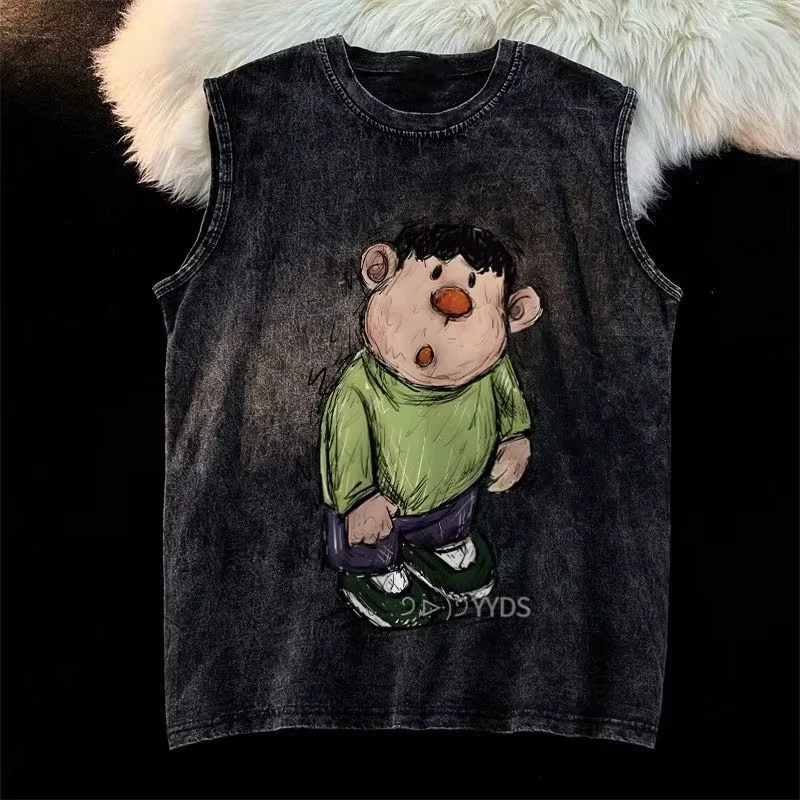 2025 رجل قميص بدون أكمام HelloKitty الكرتون طباعة سترة الصيف عادية رياضة تي شيرت المرأة خمر غسلها المتضخم تانك القمم Y2k #6