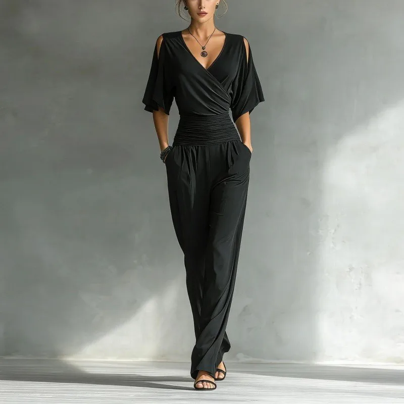 

Fashion Casual Women's Jumpsuit 2026 Summer High Waist V-neck Half Sleeve Solid Office Wide Leg Trousers Vacation Rompers Outfit