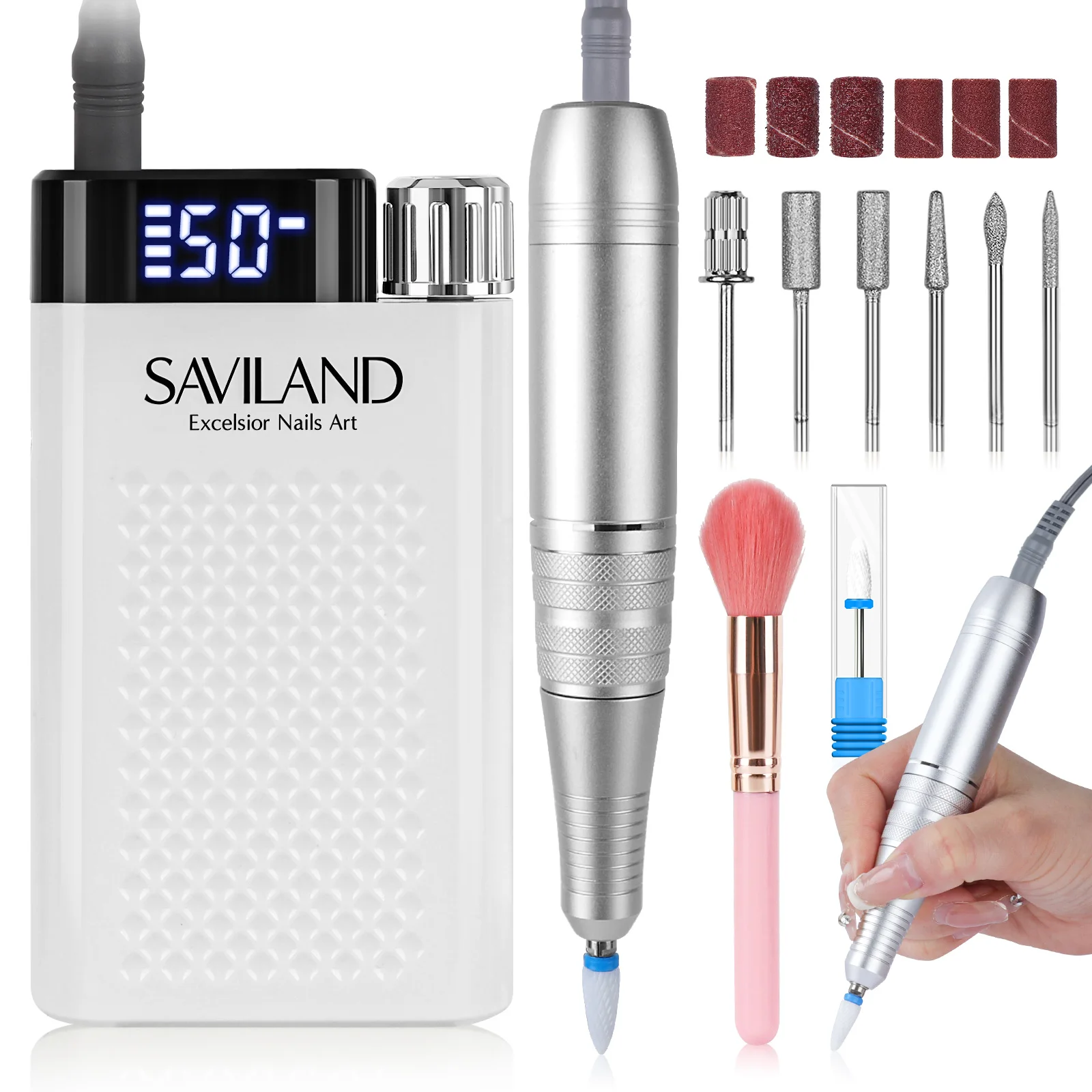 SAVILAND-Kit de máquina pulidora eléctrica para uñas, taladro con brocas, pulidor de lima de uñas, cepillo para polvo, uñas acrílicas, removedor más rápido, 50000RPM