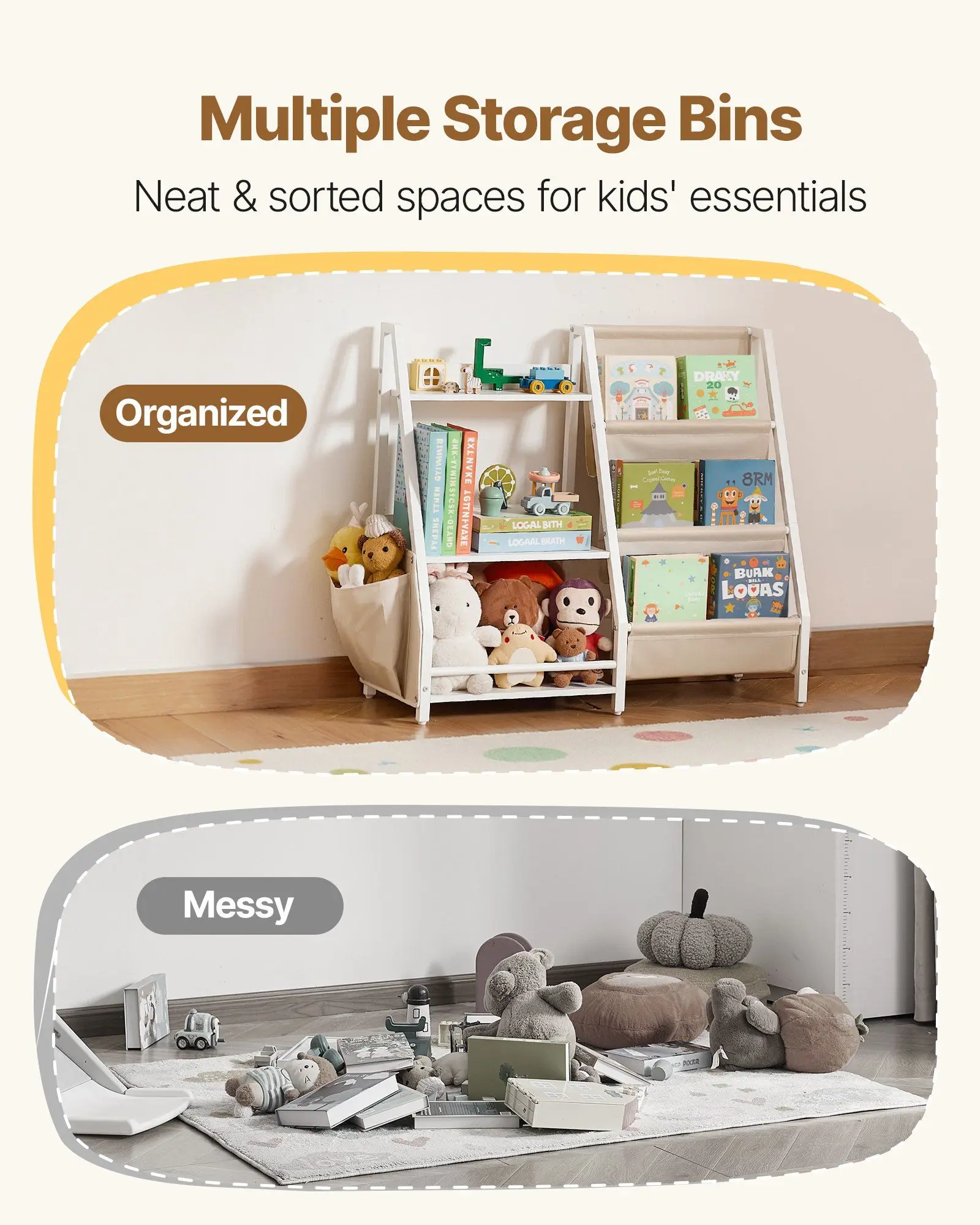 3-Tier Kids Bookcase with Sling Rack and Storage Bag 7 Open Sections Child-Safe Edges Easy Assembly Toy & Book Organizer